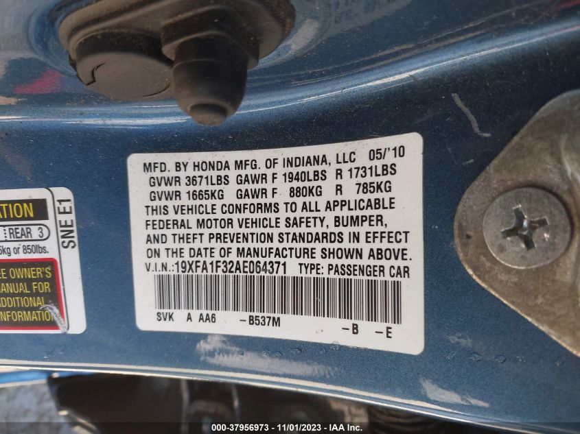 2010 Honda Civic Vp VIN: 19XFA1F32AE064371 Lot: 37956973