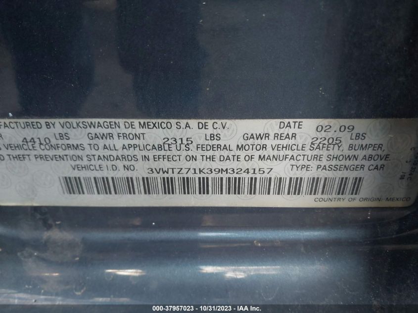 2009 Volkswagen Jetta Se VIN: 3VWTZ71K39M324157 Lot: 37957023