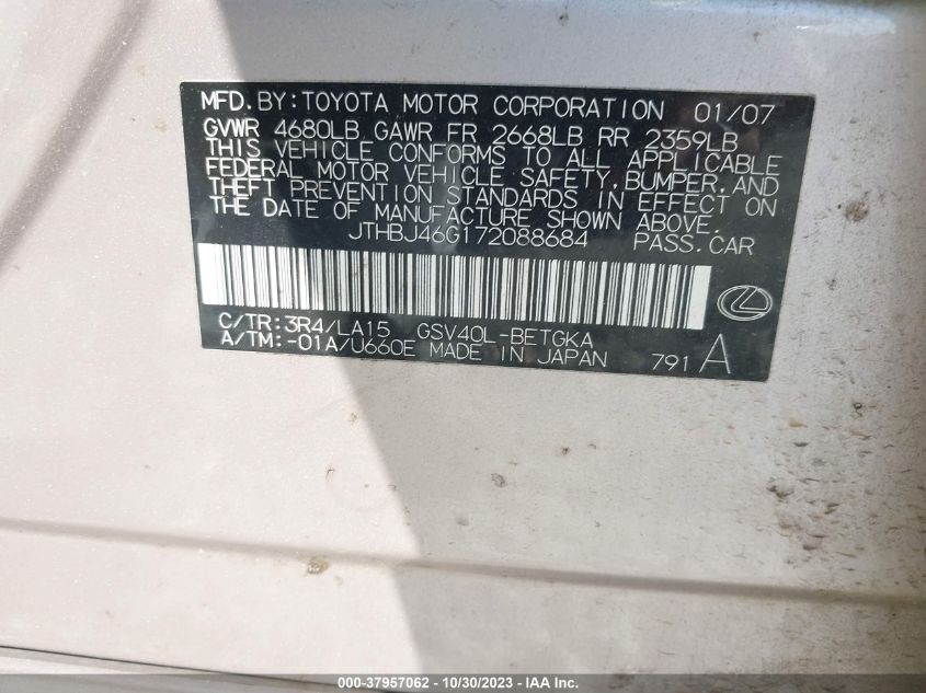 2007 Lexus Es 350 VIN: JTHBJ46G172088684 Lot: 37957062