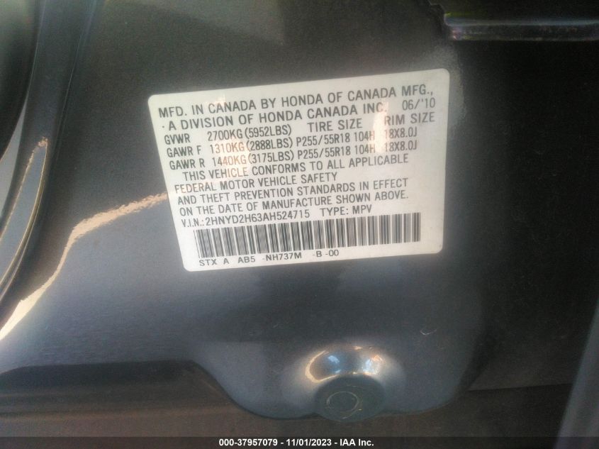 2010 Acura Mdx Technology Pkg VIN: 2HNYD2H63AH524715 Lot: 37957079