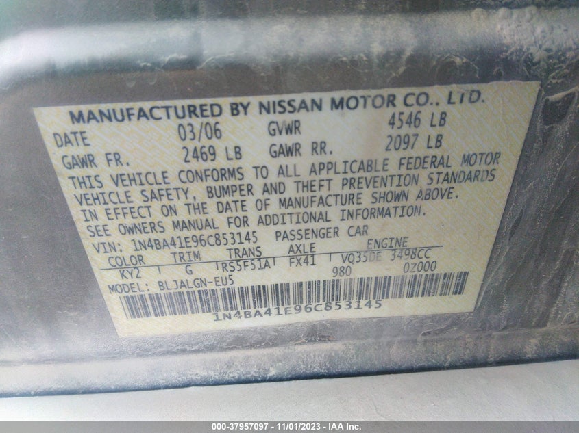 2006 Nissan Maxima 3.5 Sl VIN: 1N4BA41E96C853145 Lot: 37957097