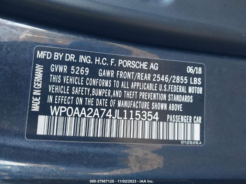 2018 Porsche Panamera VIN: WP0AA2A74JL115354 Lot: 37957125