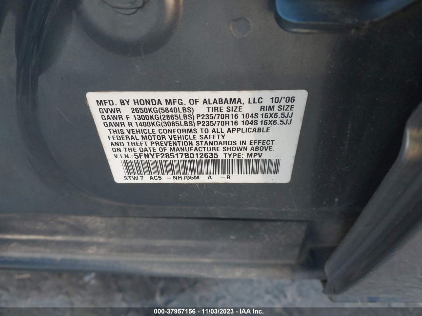 2007 Honda Pilot Ex-L VIN: 5FNYF28517B012635 Lot: 37957156