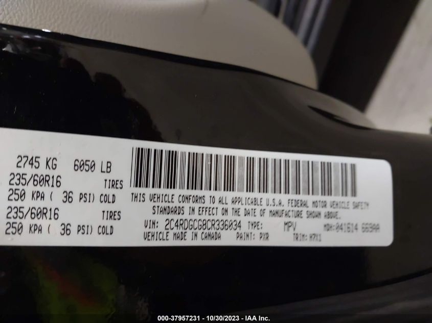 2012 Dodge Grand Caravan Sxt VIN: 2C4RDGCG8CR336034 Lot: 37957231