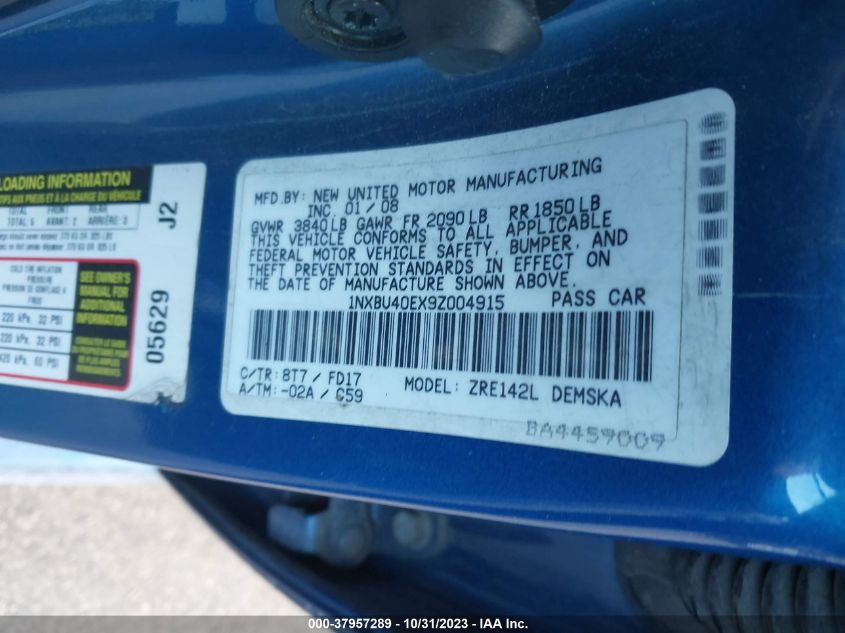 2009 Toyota Corolla S VIN: 1NXBU40EX9Z004915 Lot: 37957289