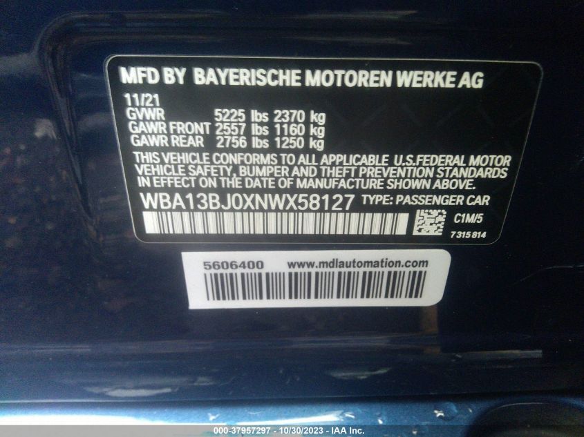 2022 BMW 5 Series 530I xDrive VIN: WBA13BJ0XNWX58127 Lot: 37957297