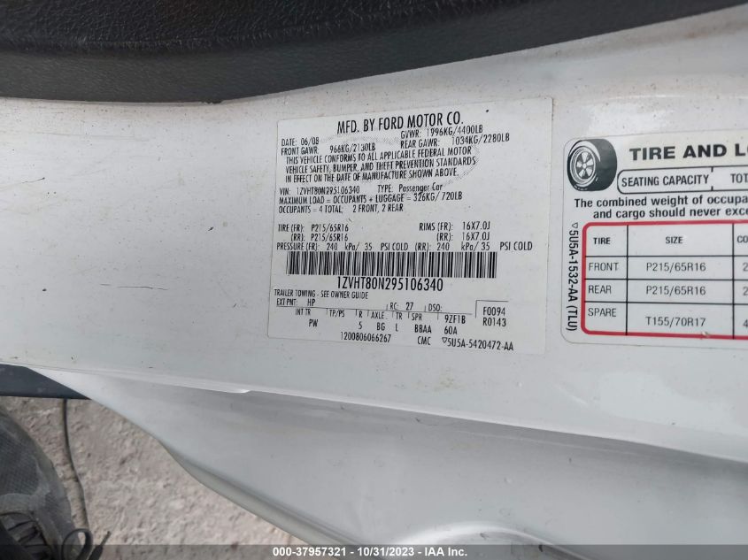 2009 Ford Mustang V6/V6 Premium VIN: 1ZVHT80N295106340 Lot: 37957321