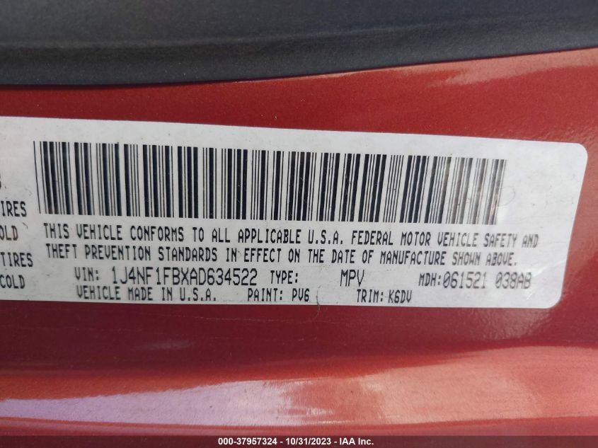 2010 Jeep Compass Latitude VIN: 1J4NF1FBXAD634522 Lot: 37957324