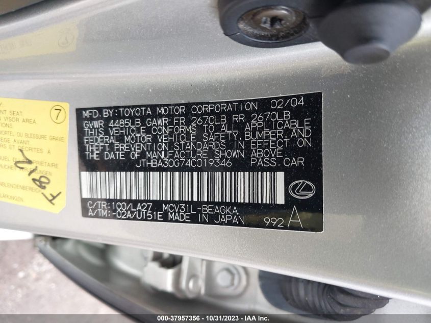 2004 Lexus Es 330 VIN: JTHBA30G740019346 Lot: 37957356