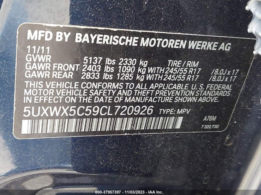 2012 BMW X3 28I VIN: 5UXWX5C59CL720926 Lot: 37957397