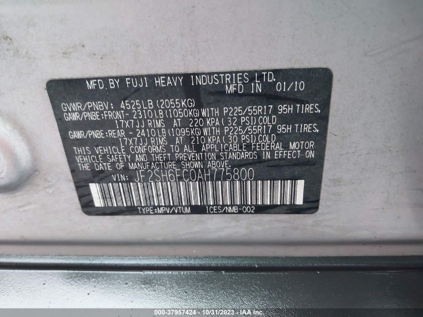 2010 Subaru Forester 2.5Xt Limited VIN: JF2SH6FC0AH775800 Lot: 37957424
