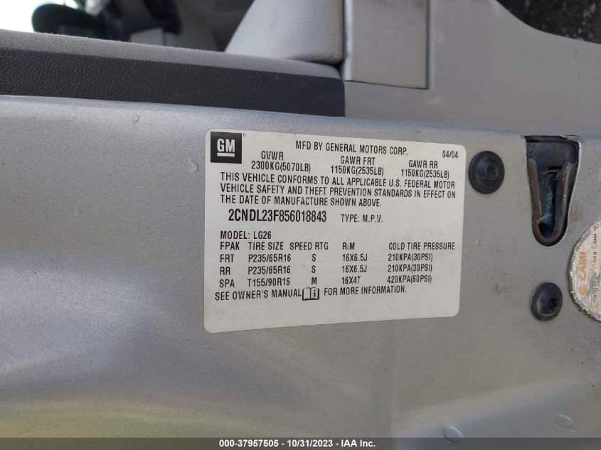 2005 Chevrolet Equinox Ls VIN: 2CNDL23F856018843 Lot: 37957505