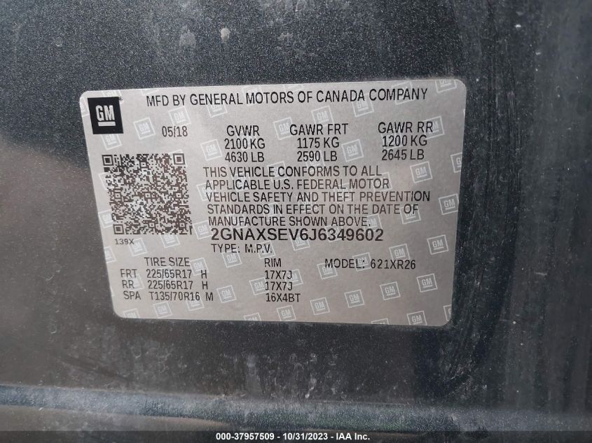 2018 Chevrolet Equinox Lt VIN: 2GNAXSEV6J6349602 Lot: 37957509