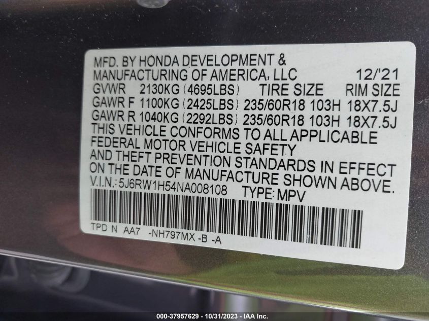 2022 Honda Cr-V 2Wd Ex VIN: 5J6RW1H54NA008108 Lot: 37957629