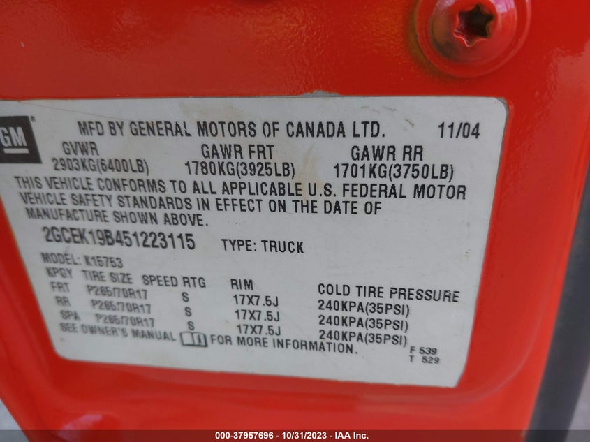 2005 Chevrolet Silverado 1500 Lt VIN: 2GCEK19B451223115 Lot: 37957696