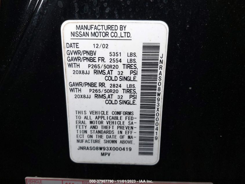 2003 Infiniti Fx35 W/O Options VIN: JNRAS08W93X000419 Lot: 37957790