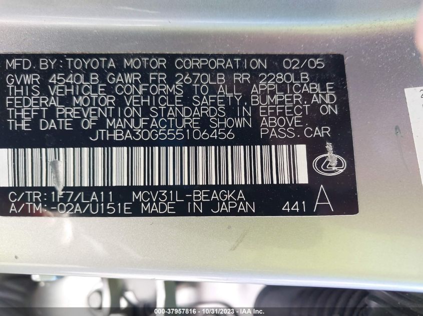 2005 Lexus Es 330 VIN: JTHBA30G555106456 Lot: 37957816