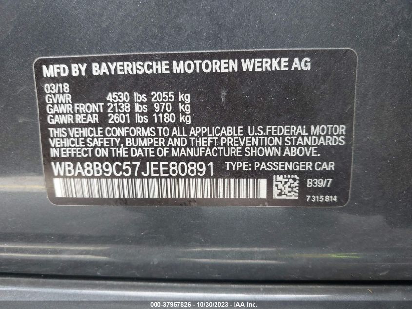 2018 BMW 330I VIN: WBA8B9C57JEE80891 Lot: 37957826