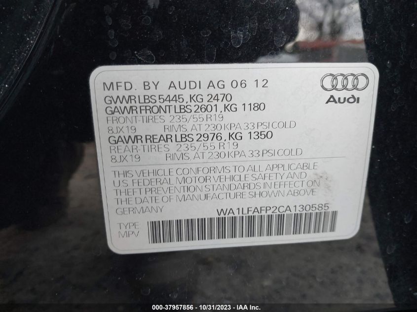 2012 Audi Q5 2.0T Premium VIN: WA1LFAFP2CA130585 Lot: 37957856