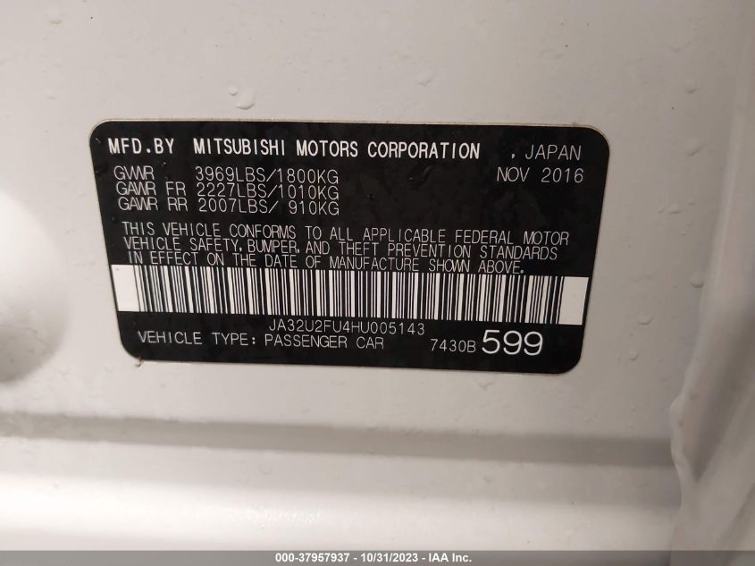 2017 Mitsubishi Lancer Es VIN: JA32U2FU4HU005143 Lot: 37957937