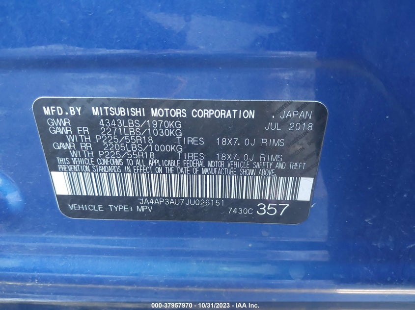 2018 Mitsubishi Outlander Sport 2.0 VIN: JA4AP3AU7JU026151 Lot: 37957970