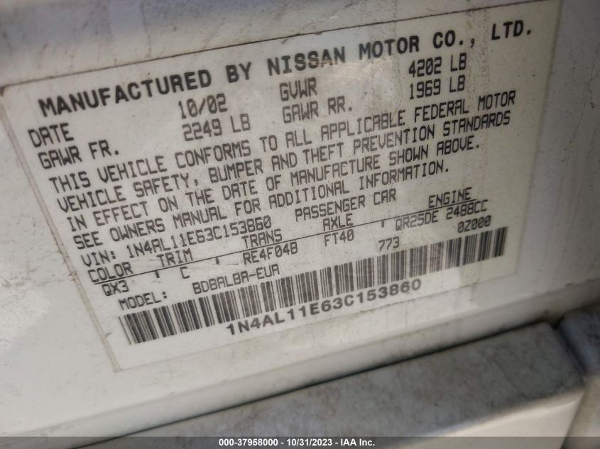 2003 Nissan Altima Sl VIN: 1N4AL11E63C153860 Lot: 37958000