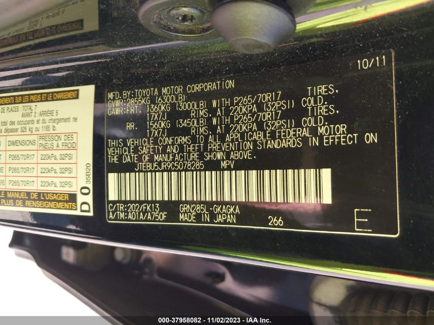 2012 Toyota 4Runner Sr5/Trail/Limited VIN: JTEBU5JR9C5078285 Lot: 37958082