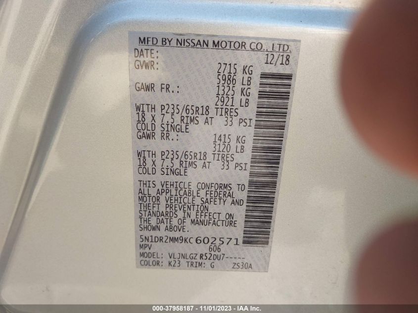 2019 Nissan Pathfinder Sl VIN: 5N1DR2MM9KC602571 Lot: 37958187