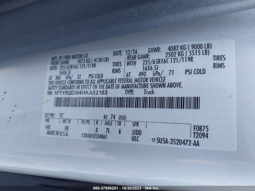 2017 Ford Transit Van VIN: 1FTYR2DM4HKA52183 Lot: 37958201