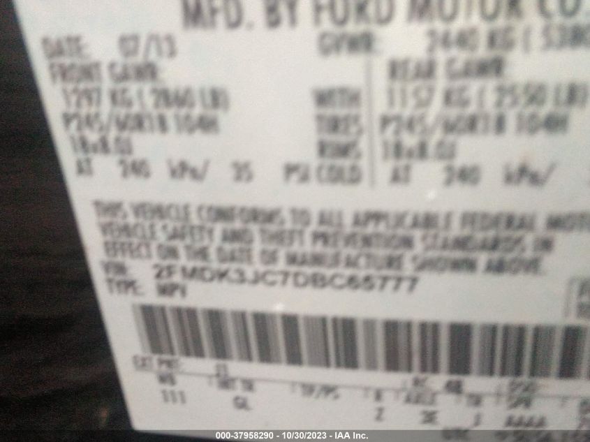 2013 Ford Edge Sel VIN: 2FMDK3JC7DBC65777 Lot: 37958290