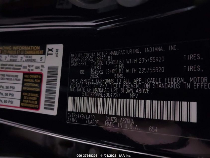 2020 Toyota Highlander Platinum VIN: 5TDFZRBH9LS004220 Lot: 37958303