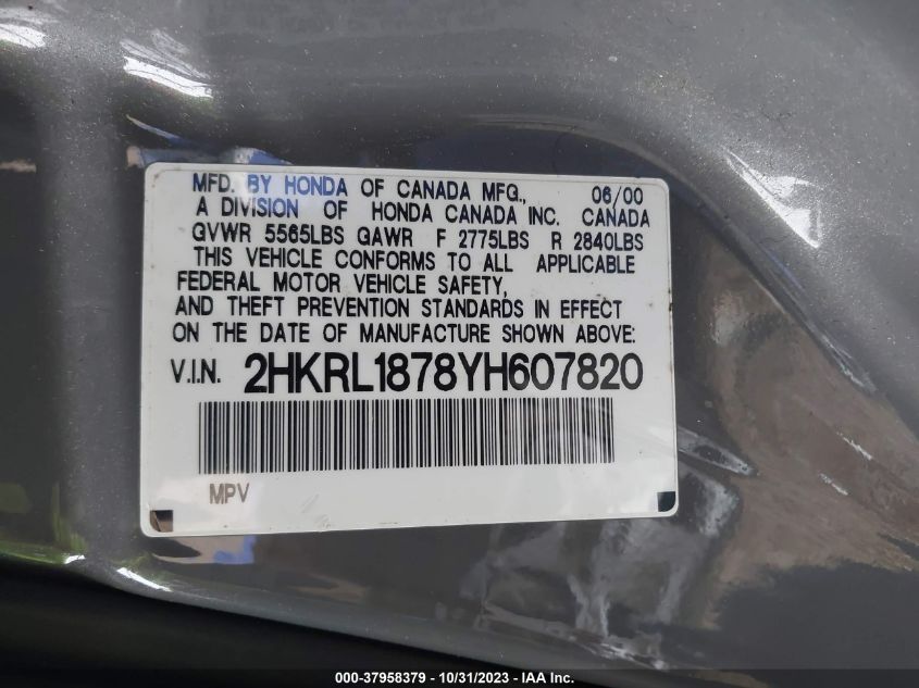 2000 Honda Odyssey Ex VIN: 2HKRL1878YH607820 Lot: 37958379