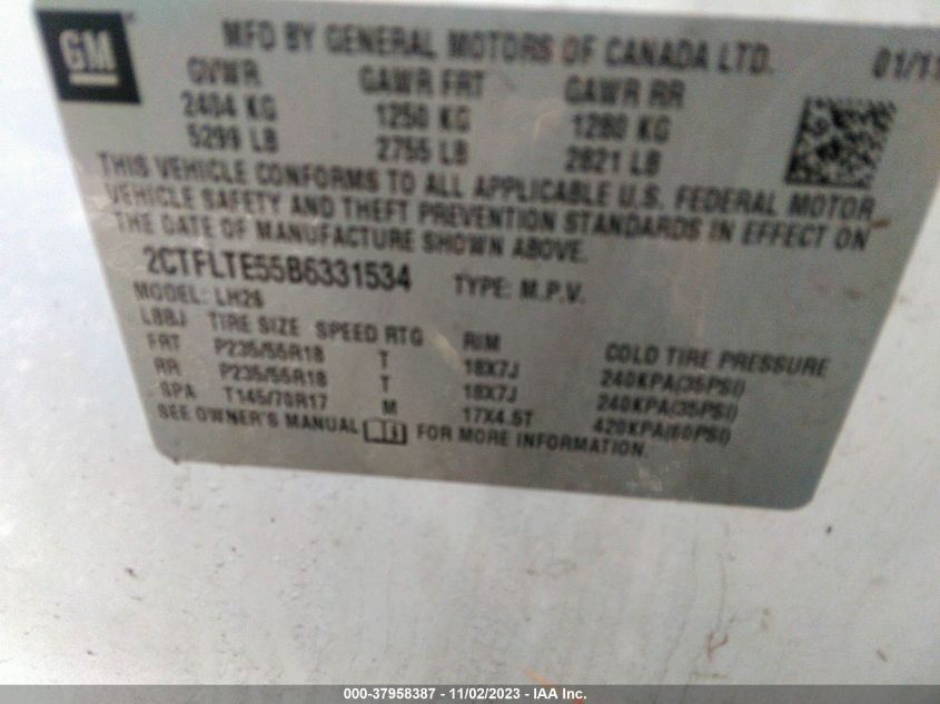 2011 GMC Terrain Sle-2 VIN: 2CTFLTE55B6331534 Lot: 37958387