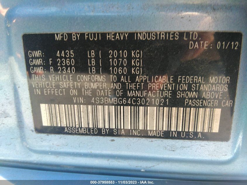 2012 Subaru Legacy 2.5I Premium VIN: 1GCHK23658F204522 Lot: 37958553