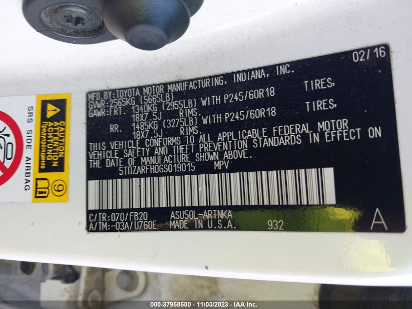 2016 Toyota Highlander Le VIN: 5TDZARFH0GS019015 Lot: 37958580