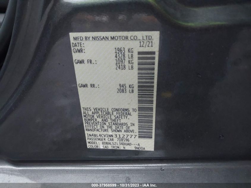 2022 Nissan Altima Sr Fwd VIN: 1N4BL4CV1NN312777 Lot: 37958599