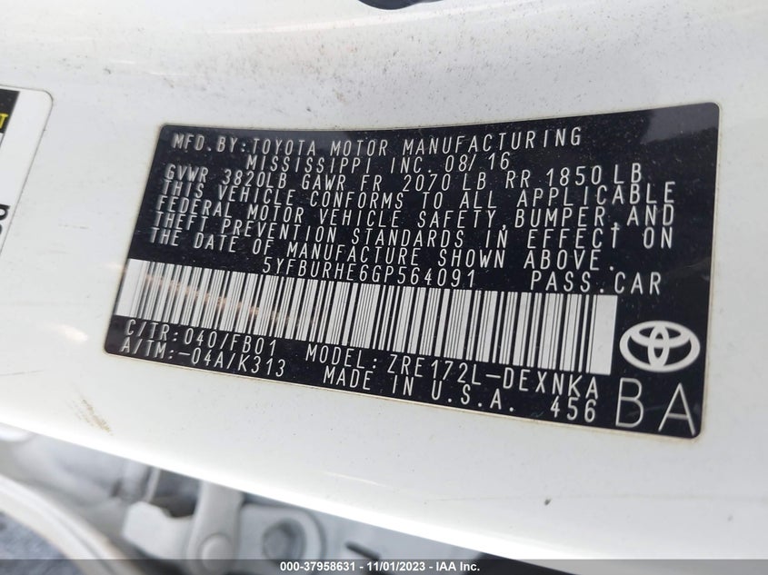 2016 Toyota Corolla L/Le/S/S Plus/Le Plus VIN: 5YFBURHE6GP564091 Lot: 37958631