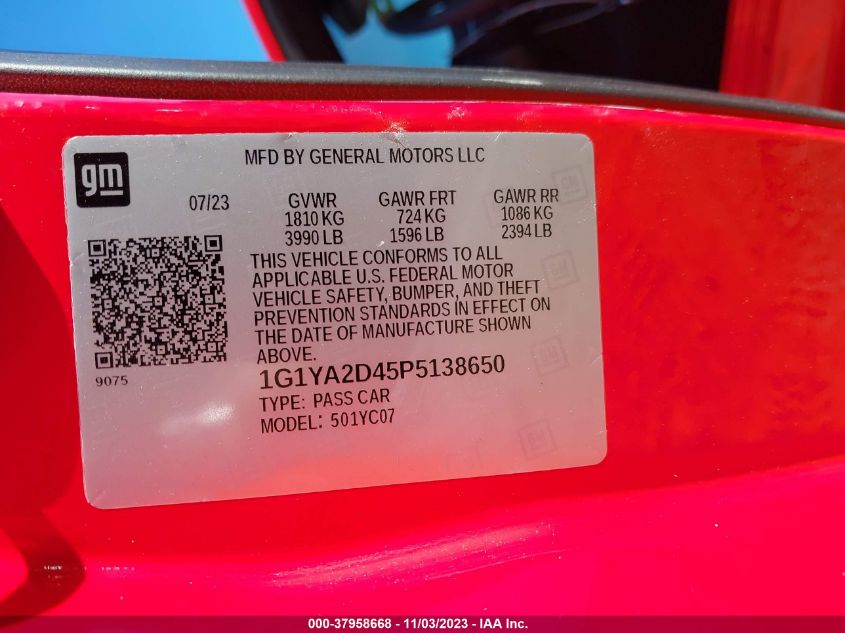 2023 Chevrolet Corvette 1Lt VIN: 1G1YA2D45P5138650 Lot: 37958668
