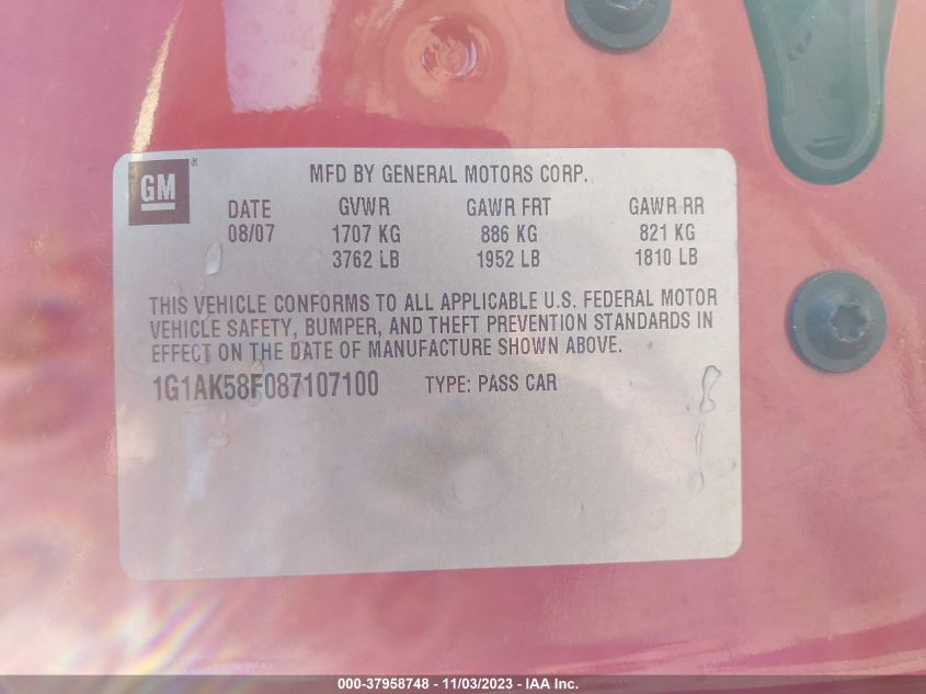 2008 Chevrolet Cobalt Ls VIN: 1G1AK58F087107100 Lot: 37958748