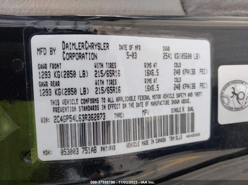 2003 Chrysler Town & Country Lxi VIN: 2C4GP54L63R362873 Lot: 37958798
