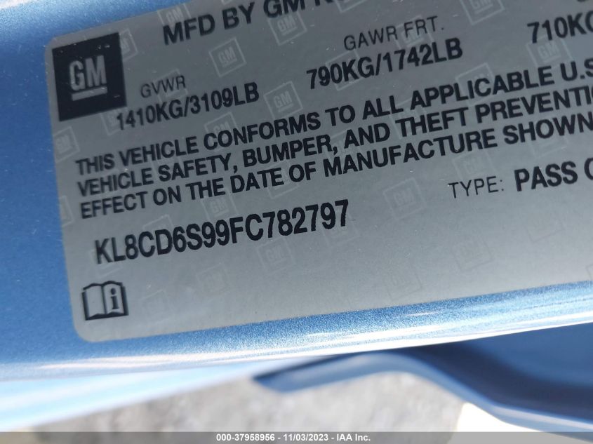 2015 Chevrolet Spark 1Lt Cvt VIN: KL8CD6S99FC782797 Lot: 37958956