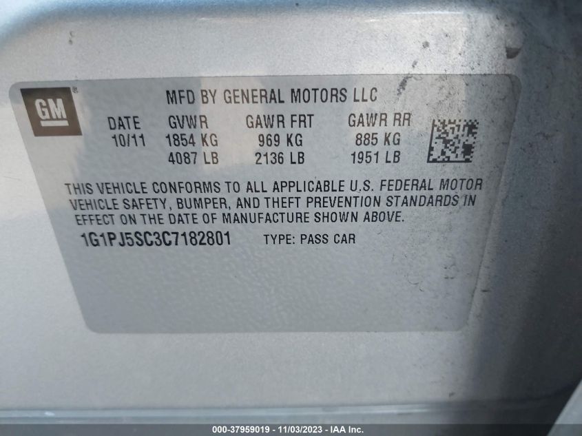 2012 Chevrolet Cruze Eco VIN: 1G1PJ5SC3C7182801 Lot: 37959019