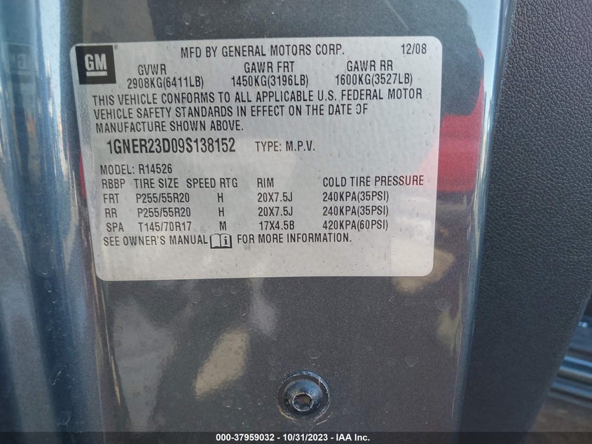 2009 Chevrolet Traverse Lt W/1Lt VIN: 1GNER23D09S138152 Lot: 37959032