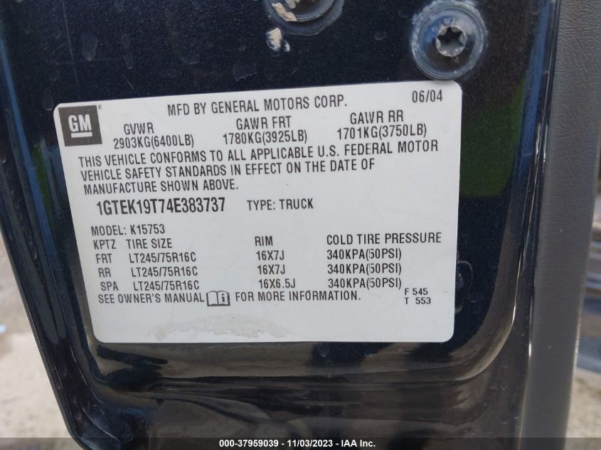 2004 GMC Sierra 1500 Slt VIN: 1GTEK19T74E383737 Lot: 37959039