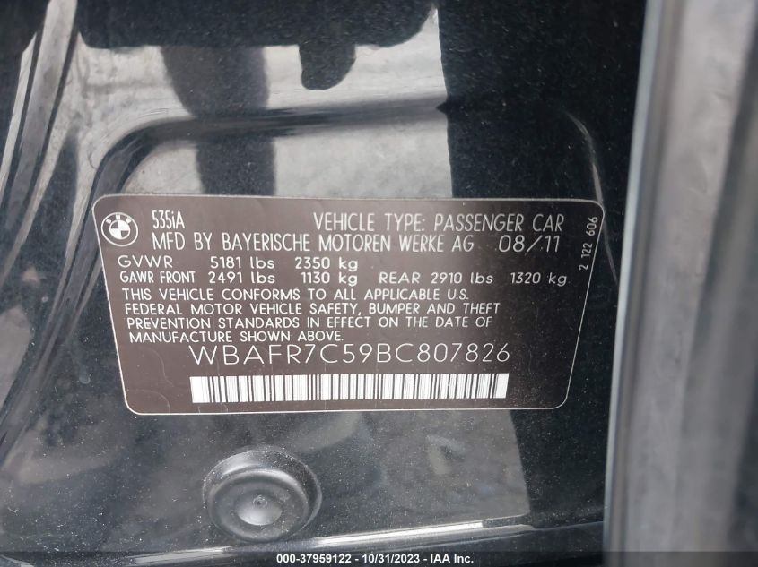 2011 BMW 5 Series 535I VIN: WBAFR7C59BC807826 Lot: 37959122