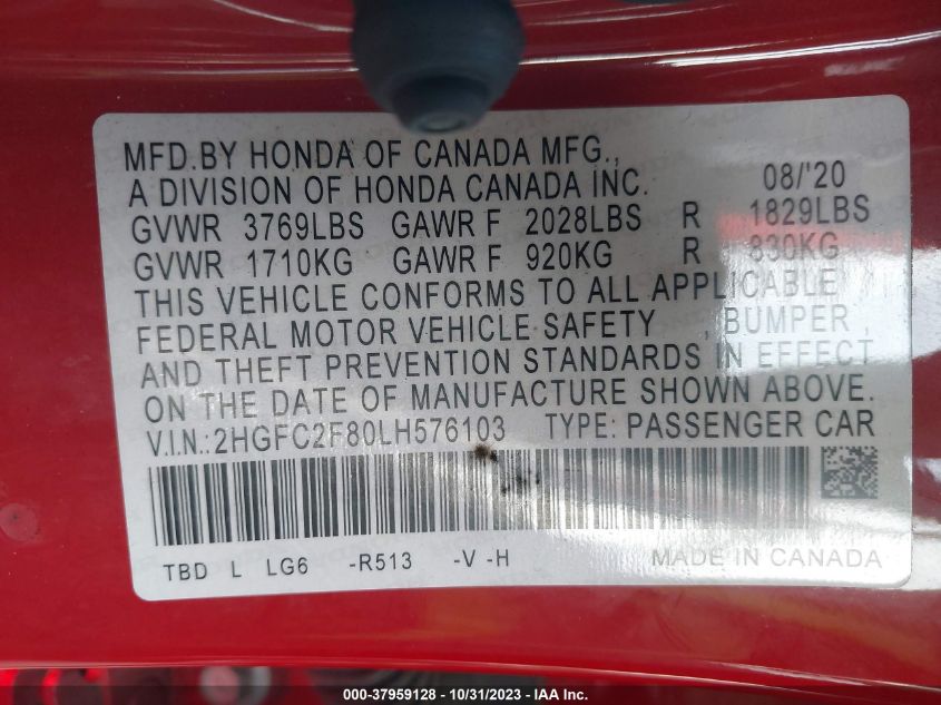 2020 Honda Civic Sport VIN: 2HGFC2F80LH576103 Lot: 37959128