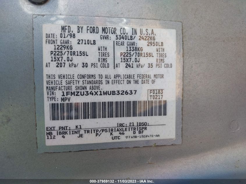 1998 Ford Explorer Eddie VIN: 1FMZU34X1WUB32637 Lot: 37959132