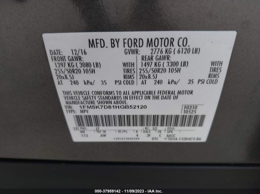 1FM5K7D81HGB52120 2017 Ford Explorer Xlt