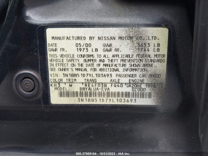 2000 Nissan Sentra Se VIN: 3N1BB51D7YL103693 Lot: 37959184