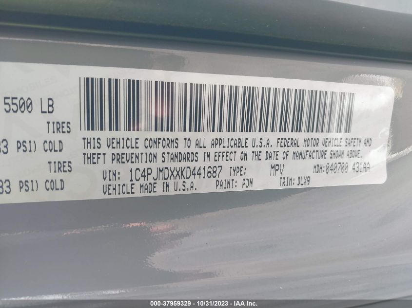 2019 Jeep Cherokee VIN: 1C4PJMDXXKD441687 Lot: 37959329